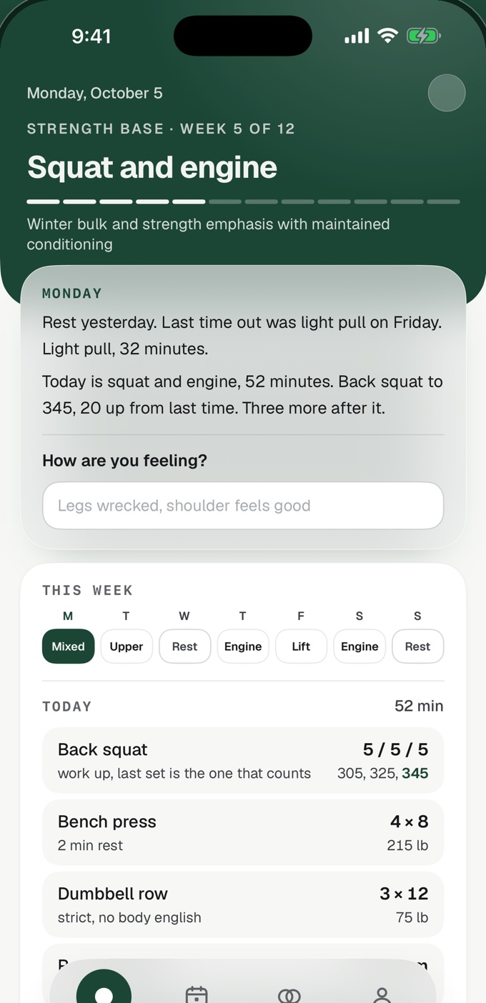 Today in Adaptive: Monday's squat and engine session, with a note on what changed since last time.